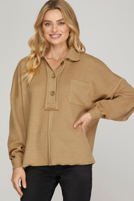 Long Sleeve Drop Shoulder Button Up Top