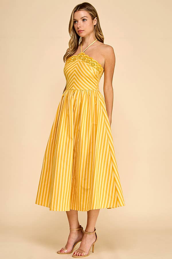 Baby Pink White/Pink Scalloped Halter Midi Dress