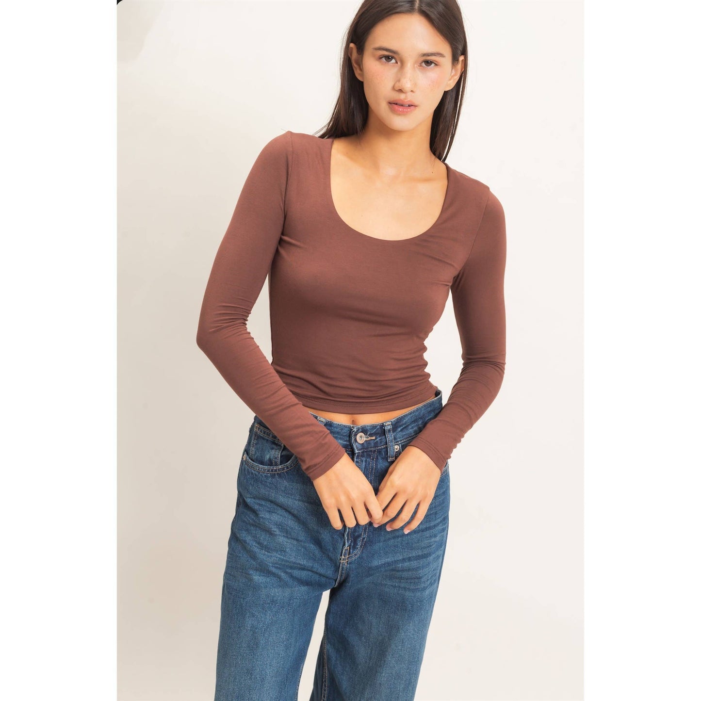 HYFVE Brown Scoop Neck Long Sleeve Top