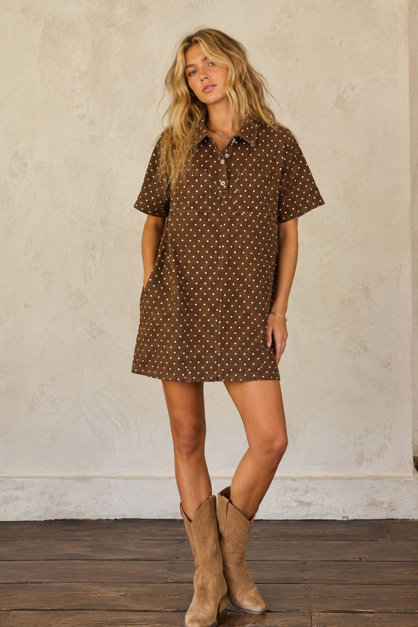 Sewn and Seen Polka Dot Denim Shirt Dress
