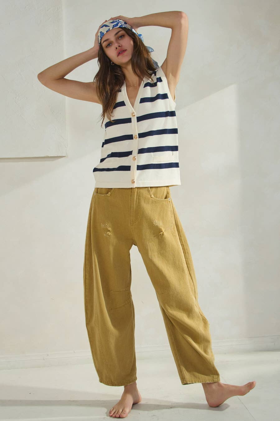 Acid Washed Colored Barrel Denim Pants Mustard