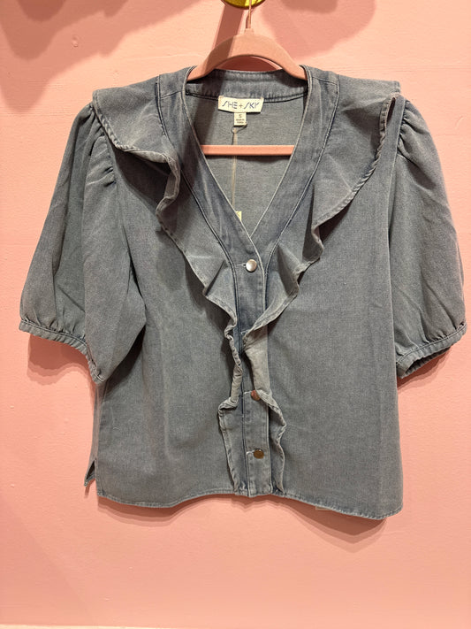 She + Sky Denim Ruffle Shirt