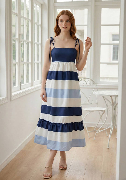 Baby Pink Navy/White Striped Maxi Dress
