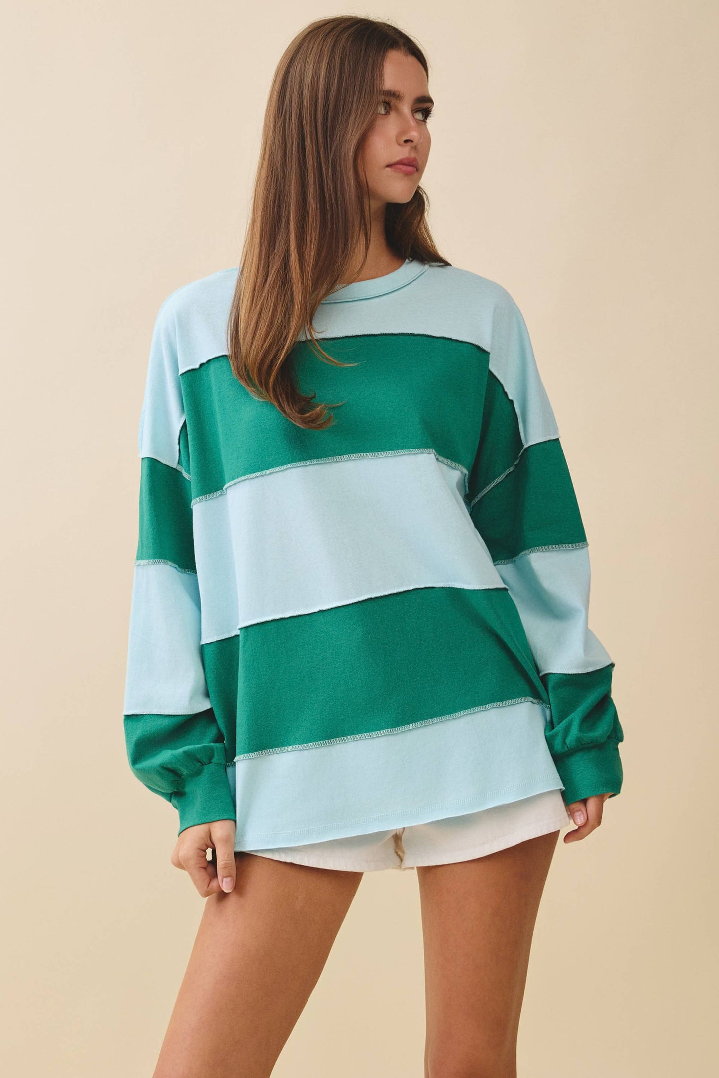 AEMI + Co Green Striped Long Sleeve Slouchy Top