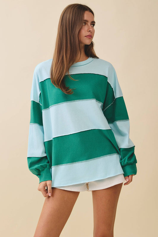 AEMI + Co Green Striped Long Sleeve Slouchy Top