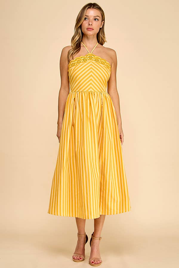 Baby Pink White/Pink Scalloped Halter Midi Dress