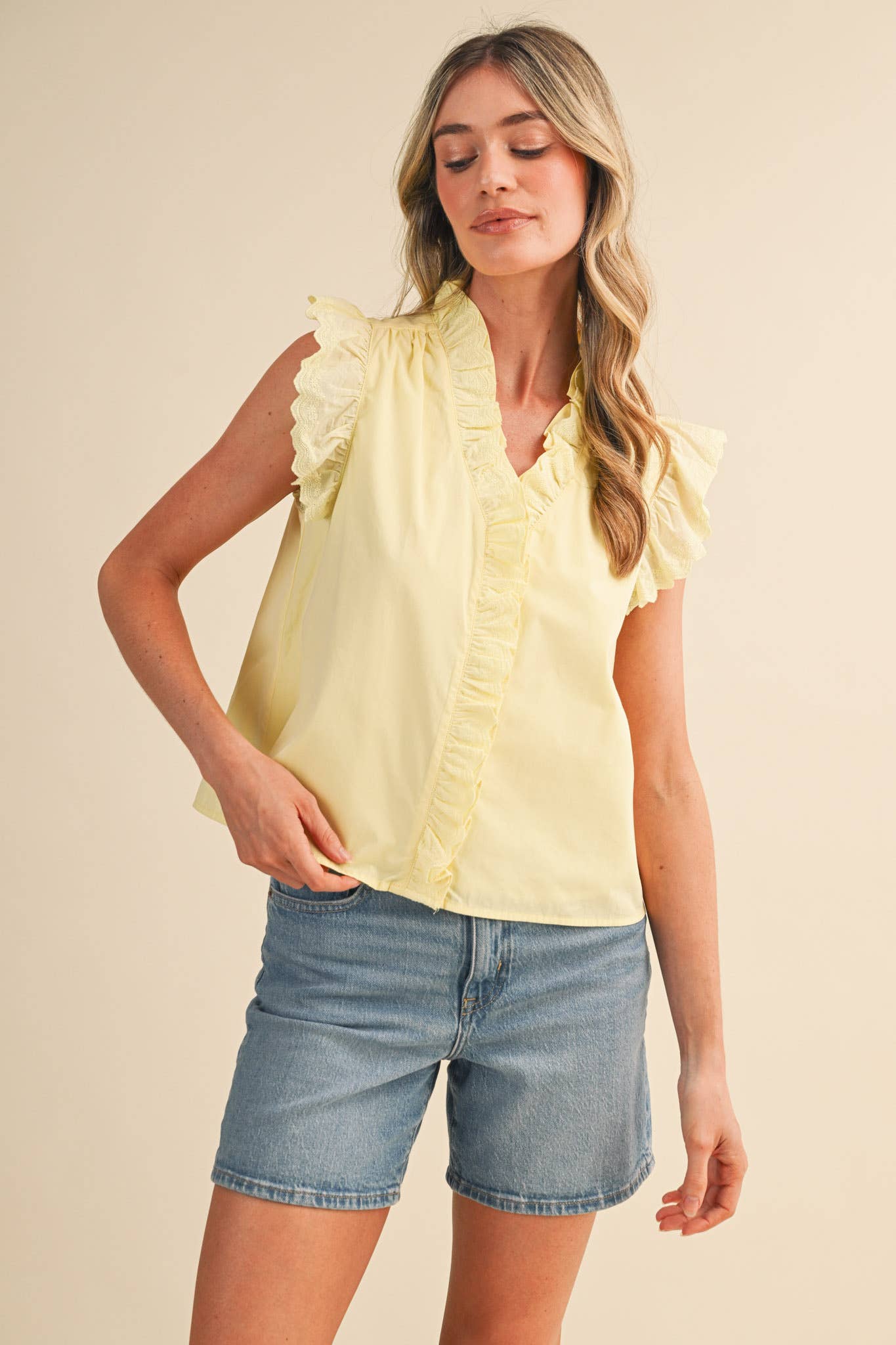 &Merci Black Ruffled Button Top