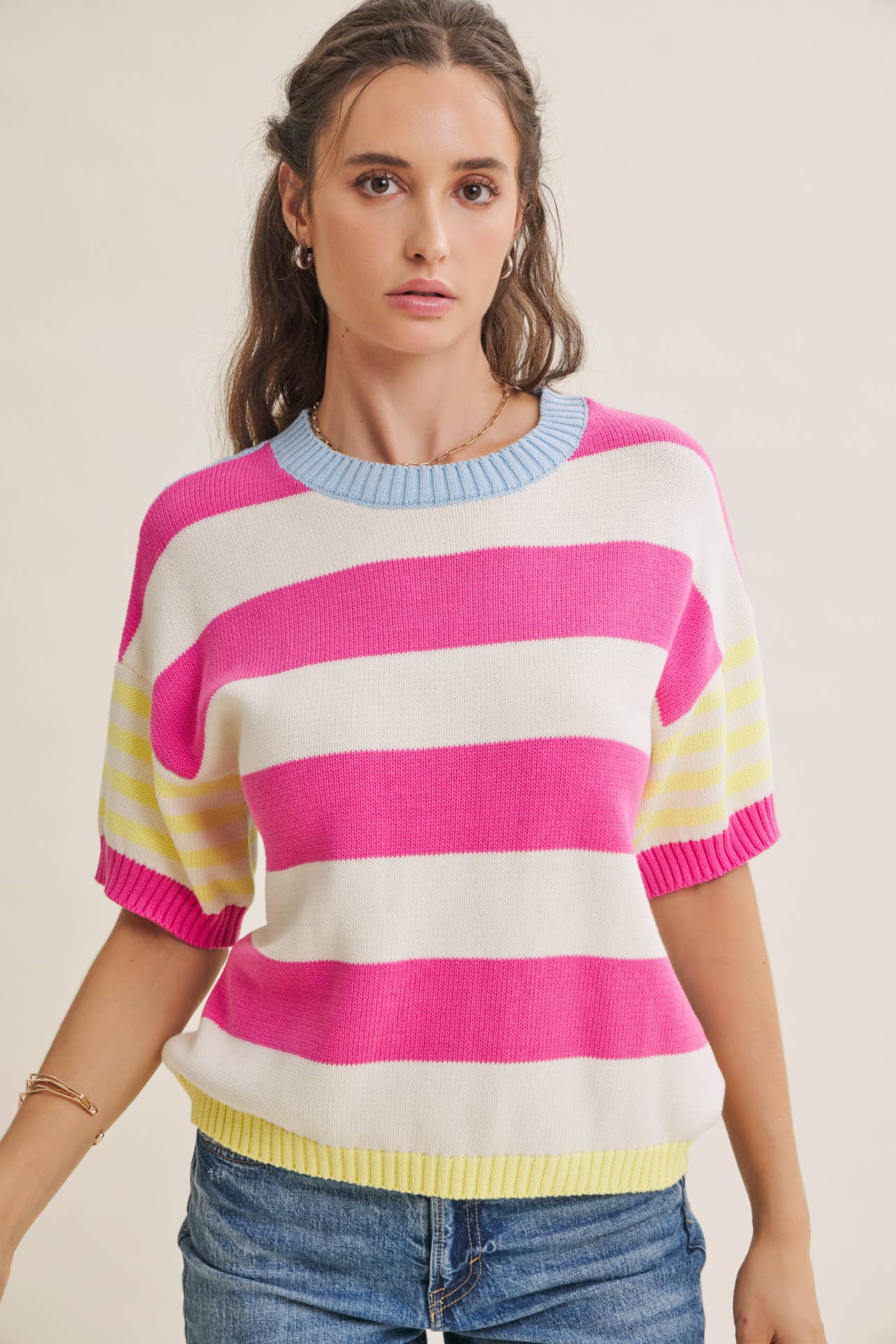 In February Fuschia/Lemon Striped Short Sleeve Sweater