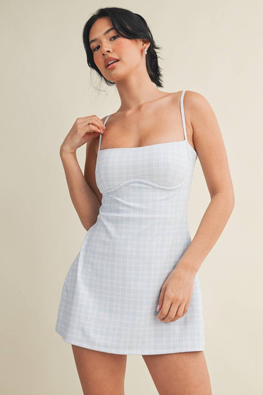 Kimberly C Blue Plaid Print Sweetheart Dress