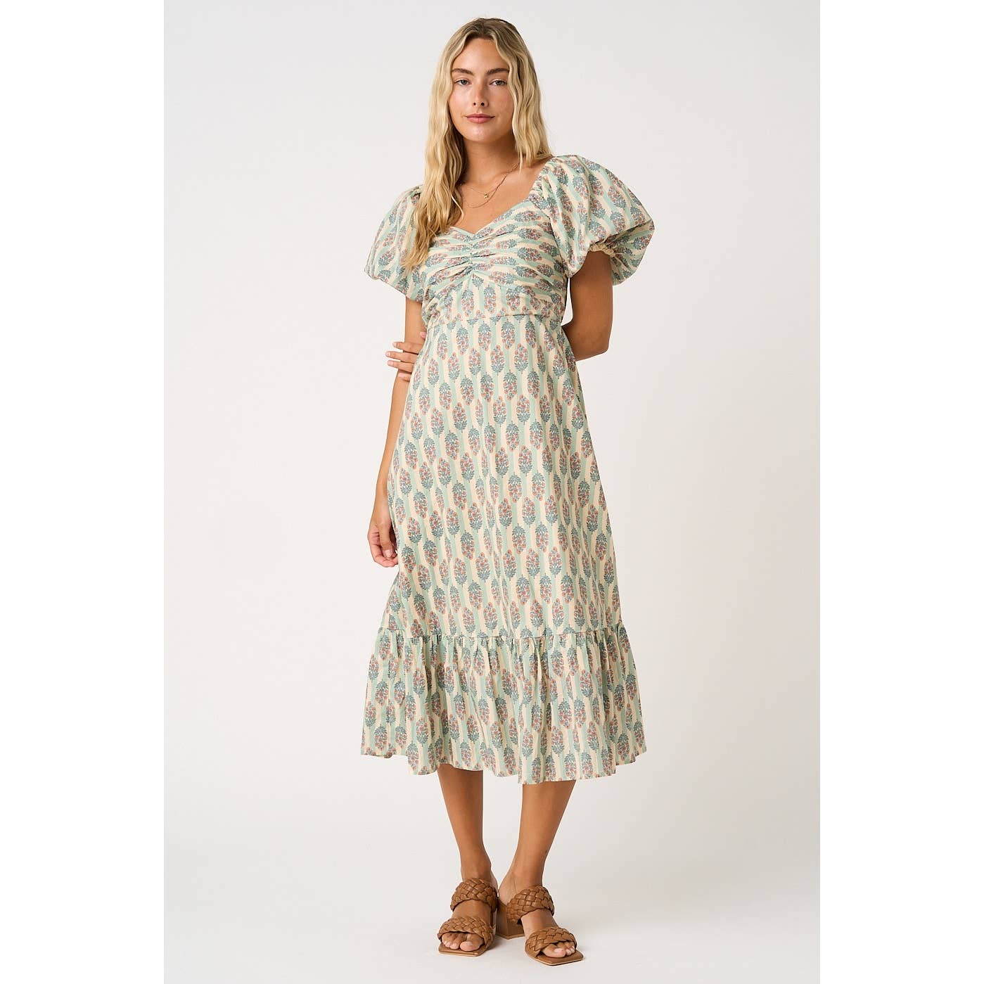 FLORAL STRIPED PRINT PUFF SLEEVE MIDI DRESS