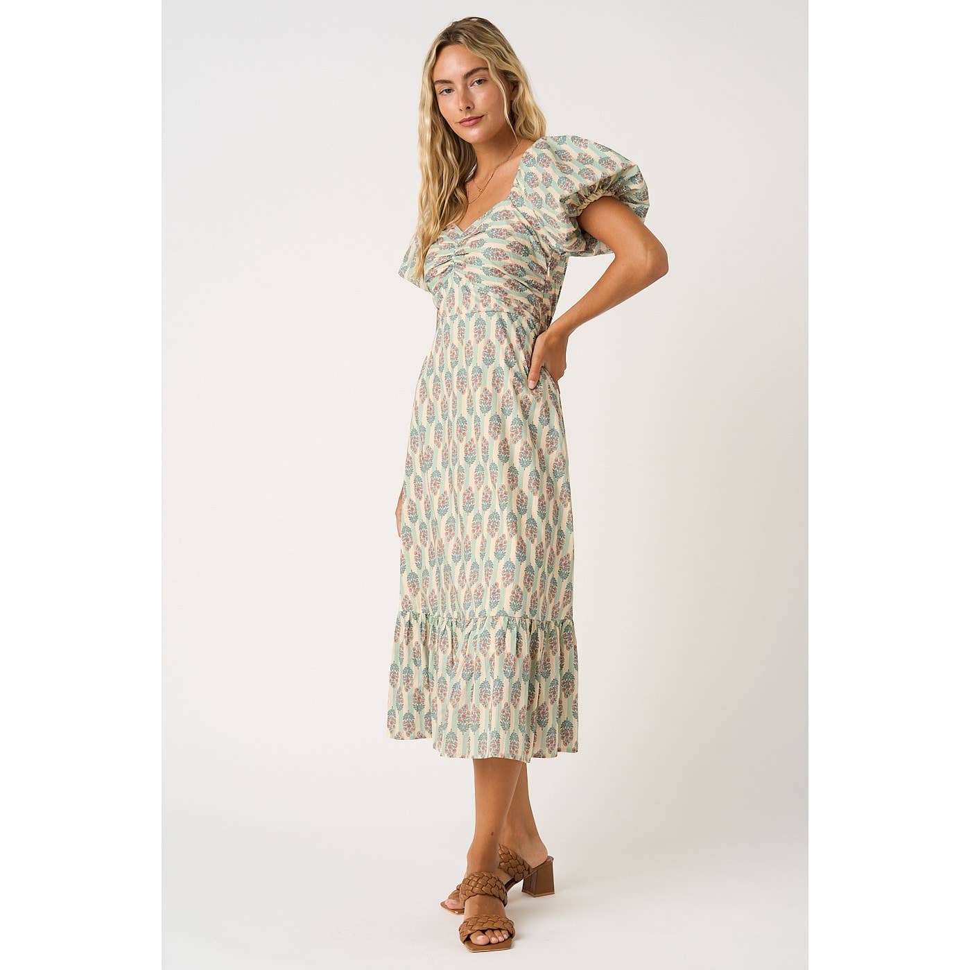 FLORAL STRIPED PRINT PUFF SLEEVE MIDI DRESS
