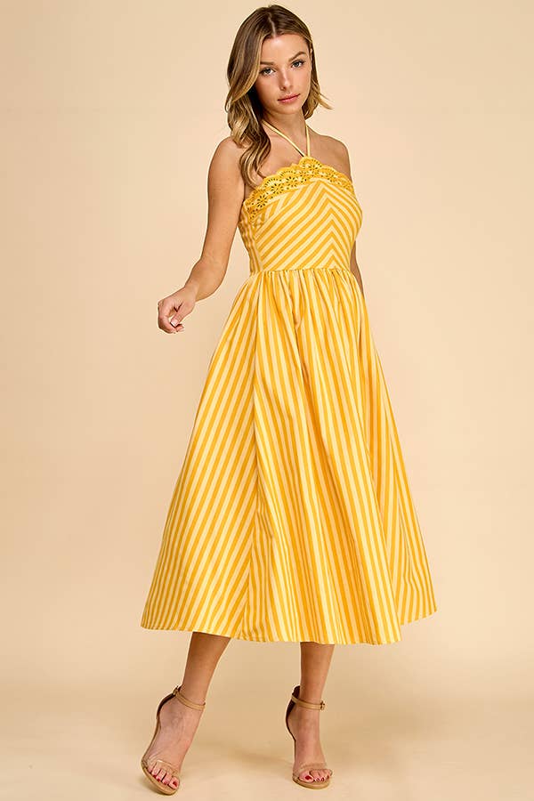 Baby Pink White/Pink Scalloped Halter Midi Dress