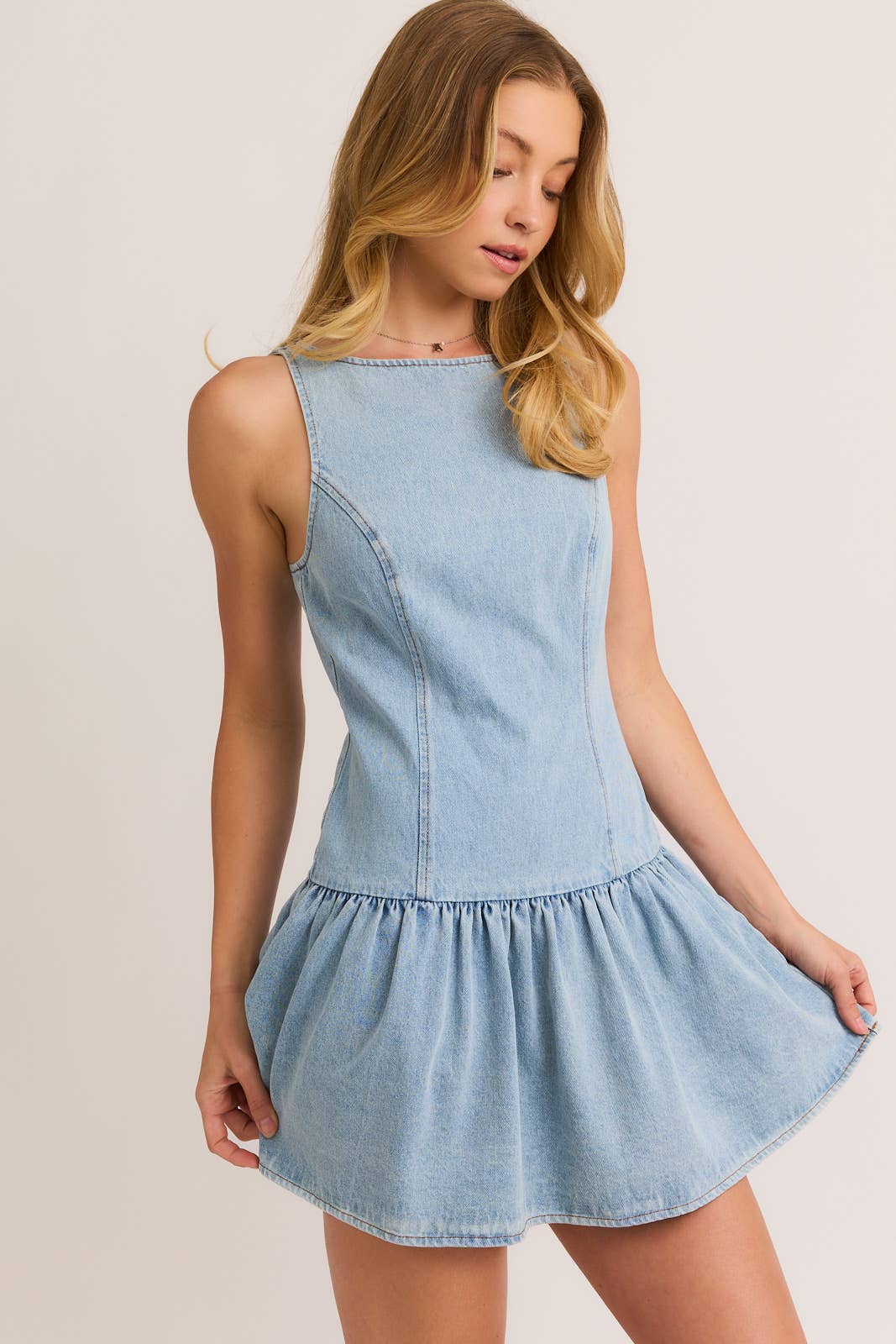Le Lis Boat Neck Denim Dress with Drop Waist