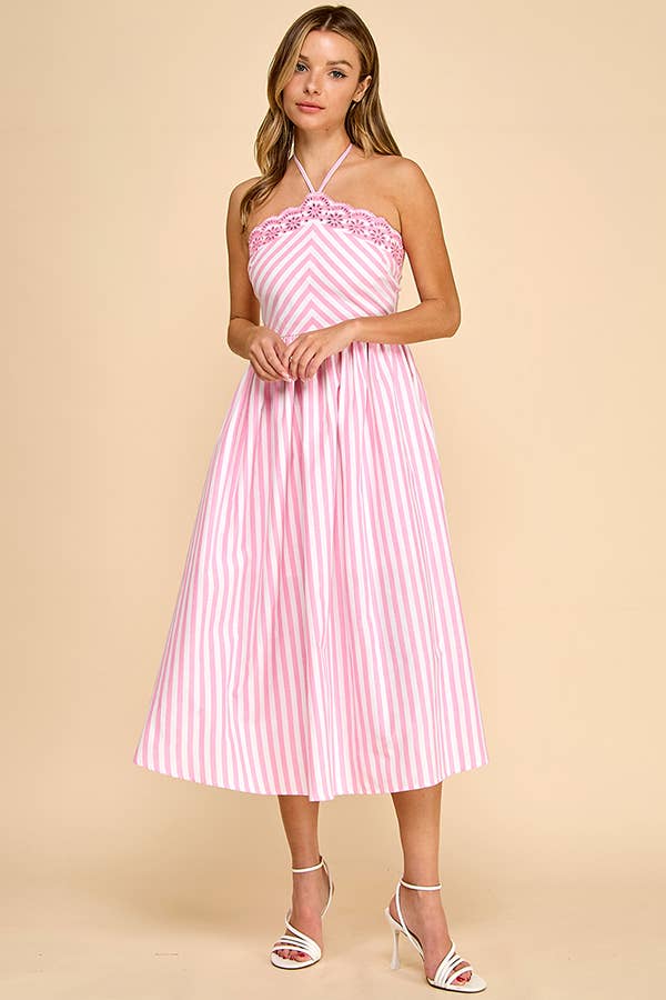 Baby Pink White/Pink Scalloped Halter Midi Dress