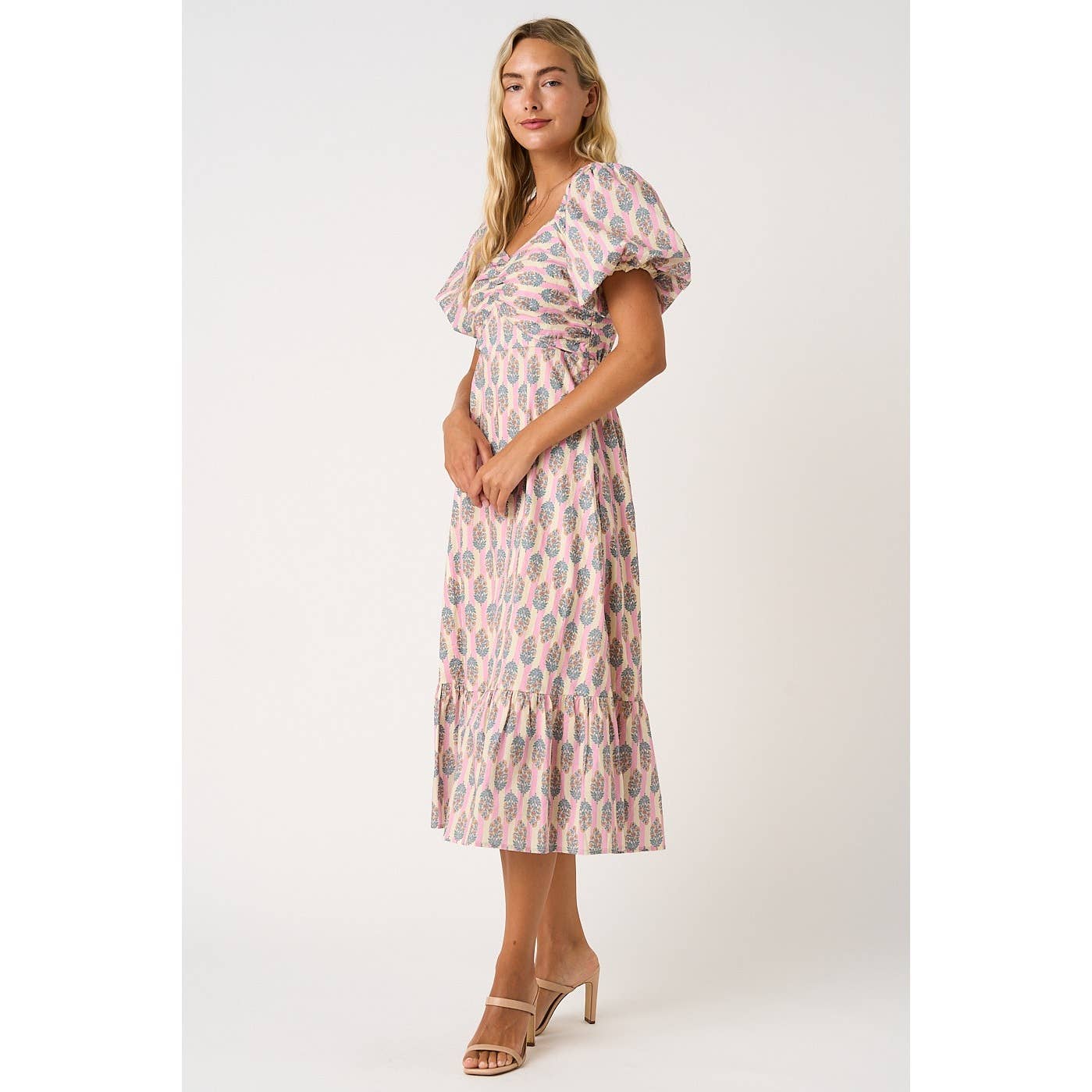 FLORAL STRIPED PRINT PUFF SLEEVE MIDI DRESS