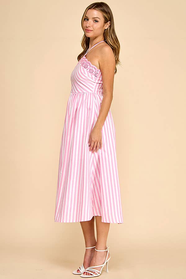 Baby Pink White/Pink Scalloped Halter Midi Dress