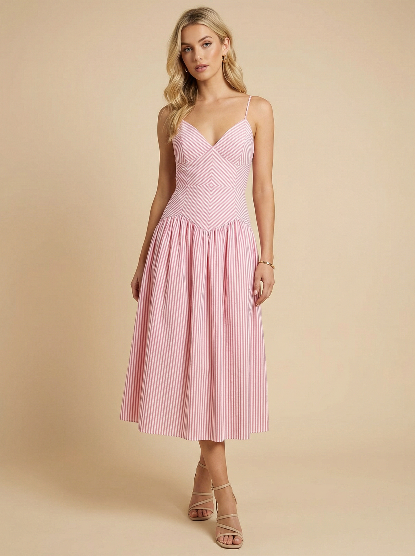 Heyson SOD1401 Stripe V-Neck Fit & Flare Midi Dress
