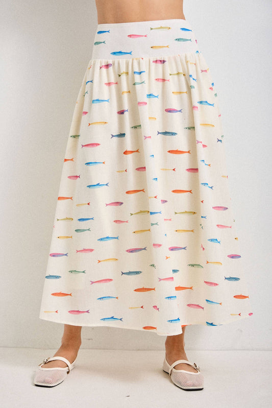 FISH PRINT SMOCKED BACK WAIST MIDI SKIRT (Cream)