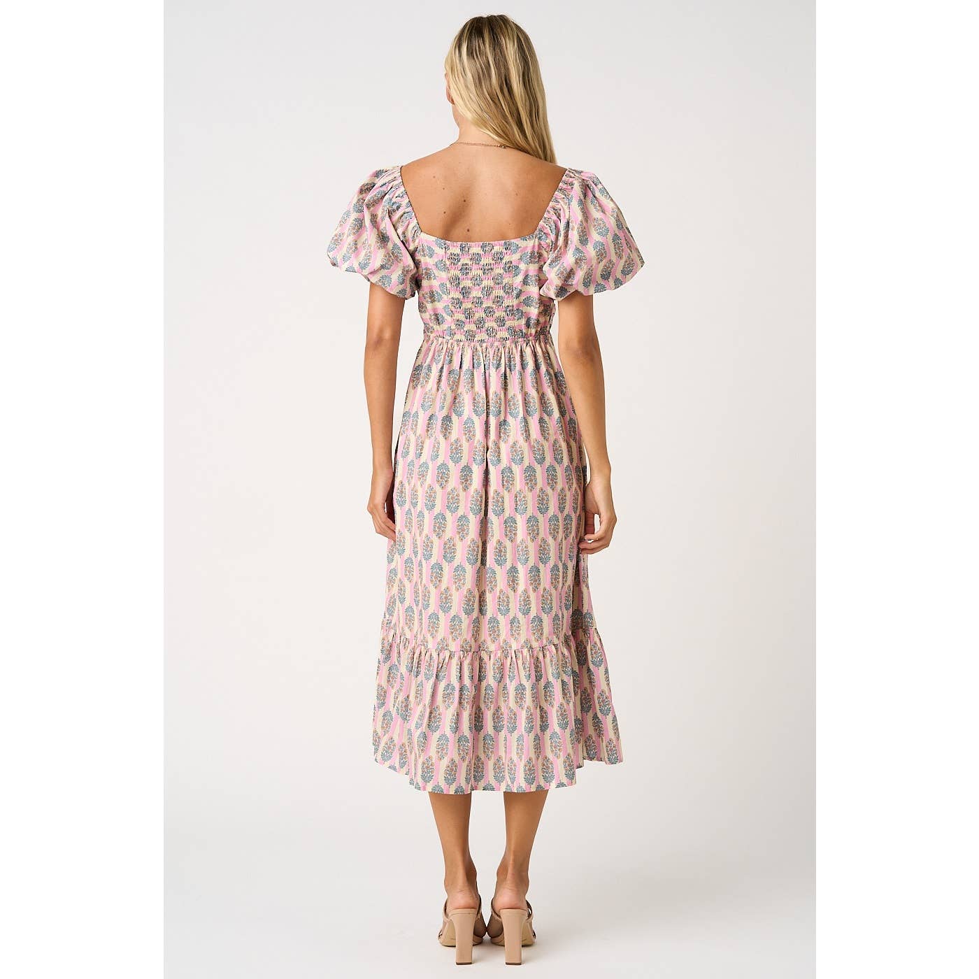 FLORAL STRIPED PRINT PUFF SLEEVE MIDI DRESS