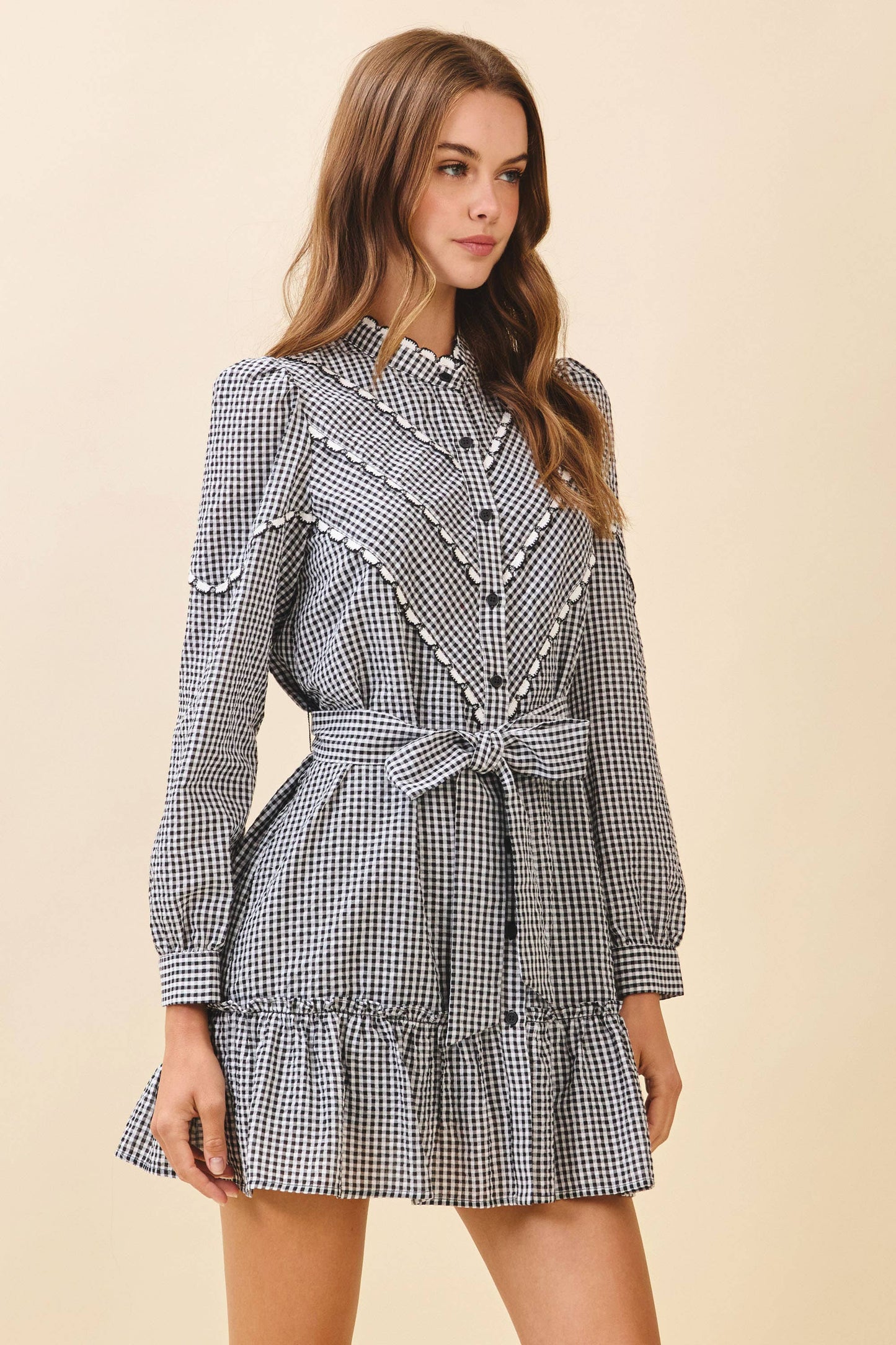 TCEC Gingham Ruffle Detail Contrast Trim Mini Dress
