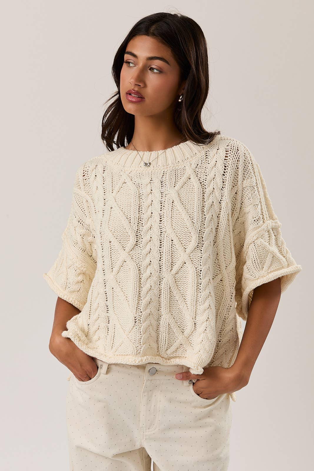 Le Lis Cream Cable Knit Short Sleeve Crew Neck Sweater Top (PWT6928)