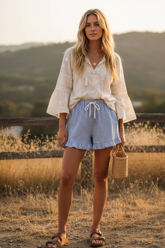 Sewn & Seen Blue Gingham Ruffle Hem Shorts