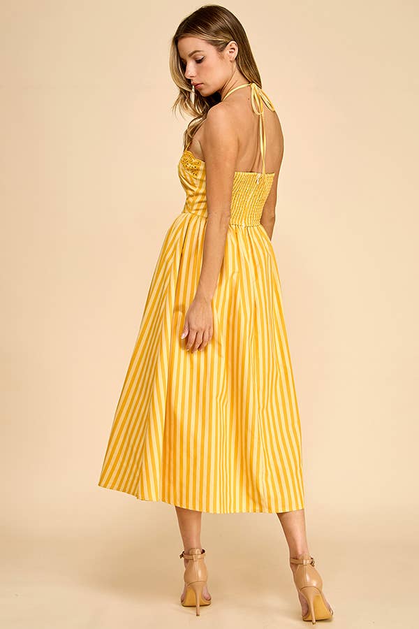 Baby Pink White/Pink Scalloped Halter Midi Dress