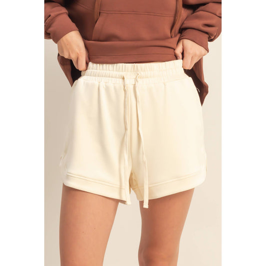 Double Knit Elasticized Waist Casual Loose Sweat Shorts Cream