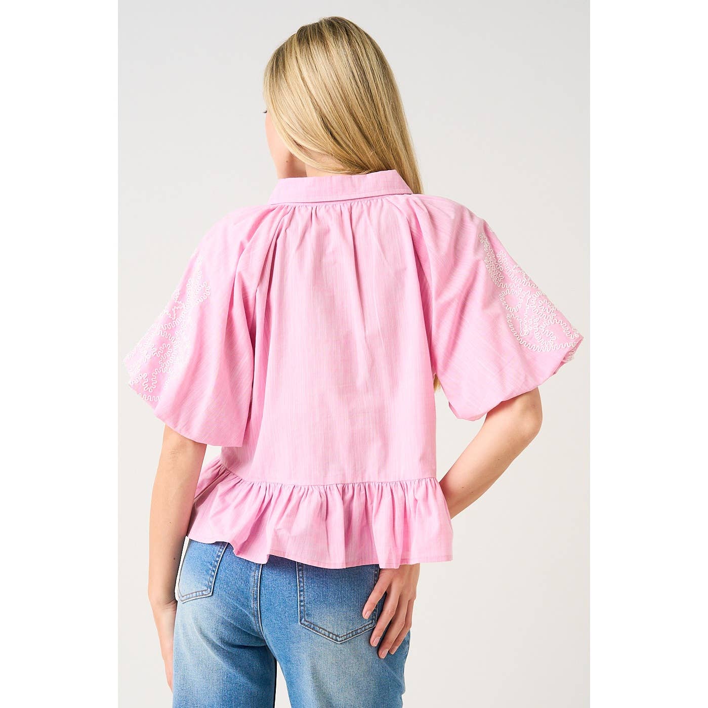 EMBROIDERY BUBBLE SLEEVE PEPLUM BUTTON DOWN SHIRT