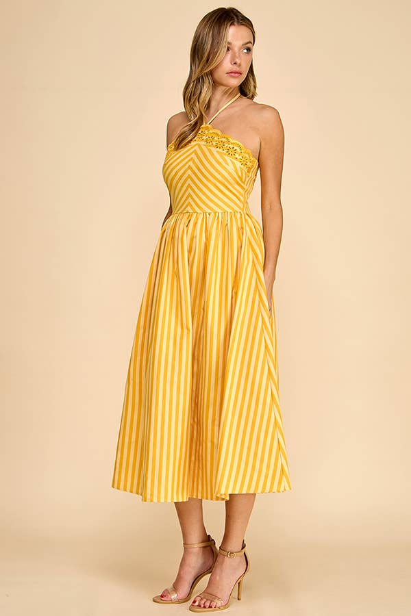 Baby Pink White/Pink Scalloped Halter Midi Dress