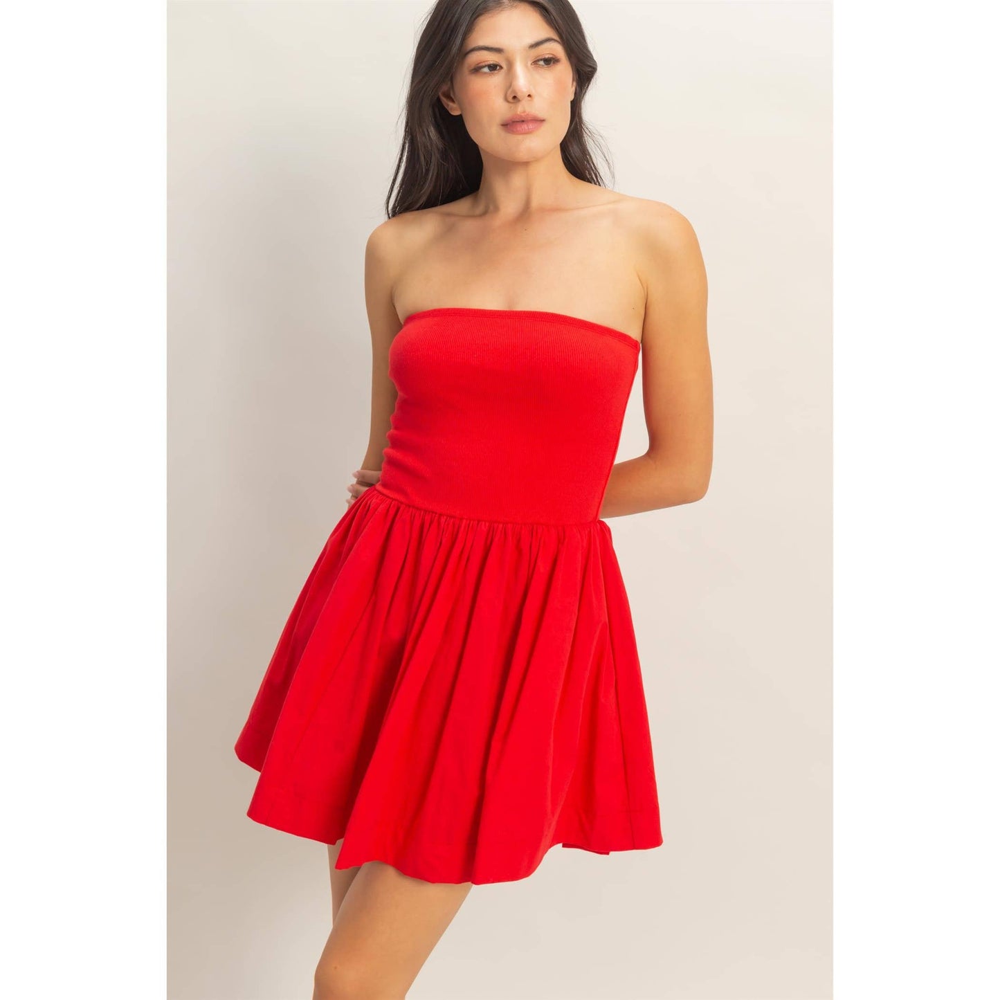 HYFVE Red Strapless Flowy Mini Dress
