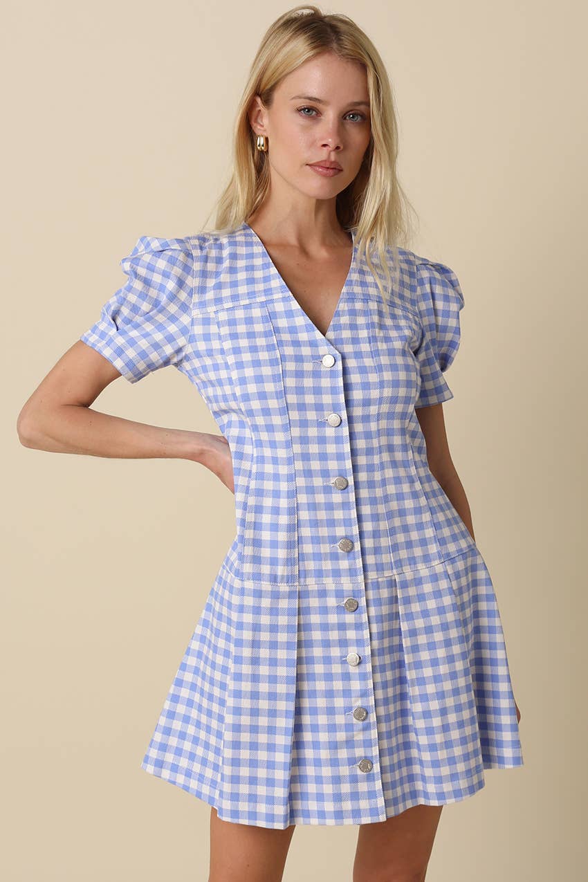 Olivaceous Light Blue Gingham Puff-Sleeve Dress