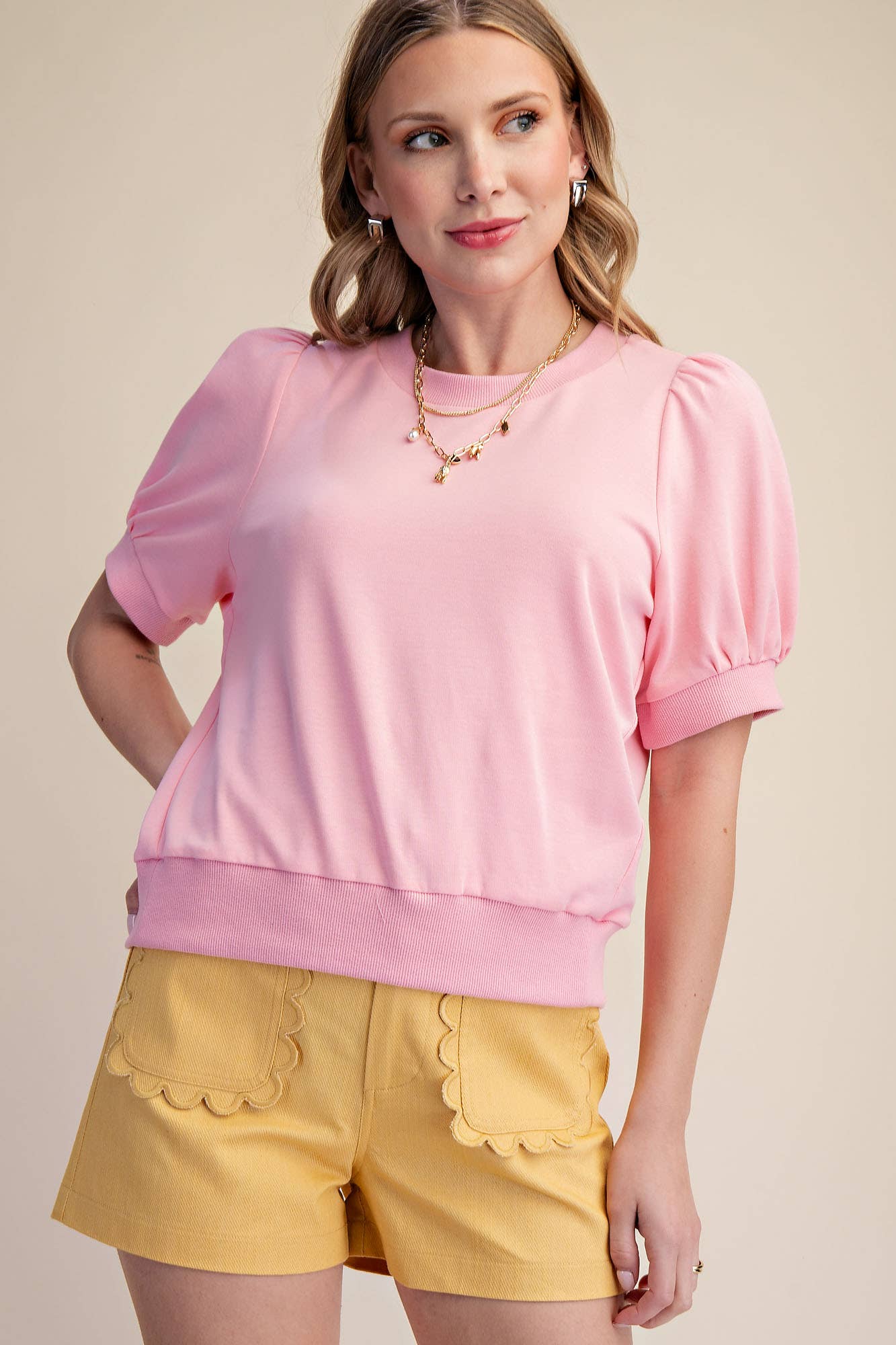 Glam Pink Puff Sleeve Pullover Top