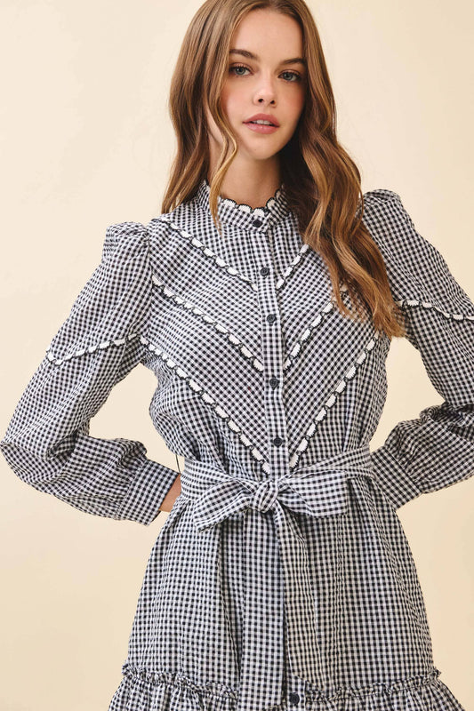 TCEC Gingham Ruffle Detail Contrast Trim Mini Dress