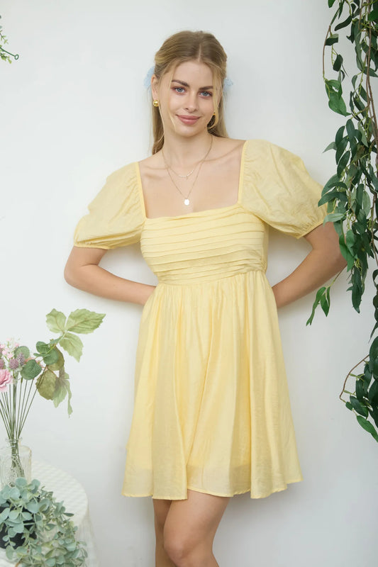 Blu Pepper Light Yellow Pleated Puff Sleeve Mini Dress (CR2916)