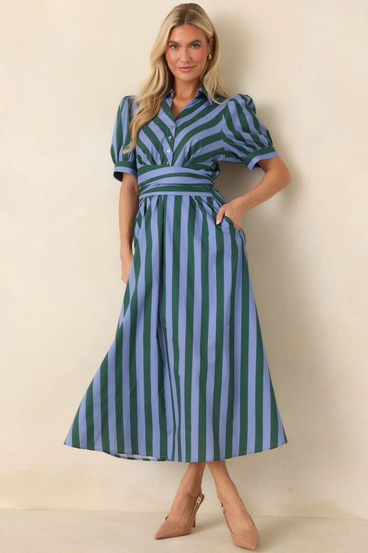 Entro Blue and Green Stripe Dress with Tie (D32837)
