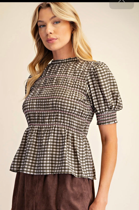 Glam Olive Smocked Top (T9306)