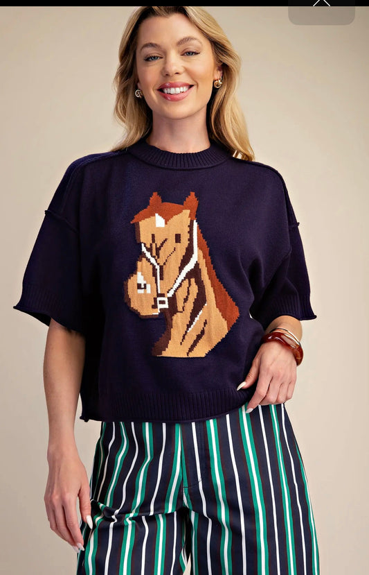 Glam Navy Western Horse Crew Neck Sweater (SW8267)