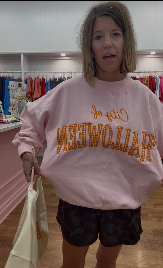 City of Halloween Embroidered Mockneck Pink