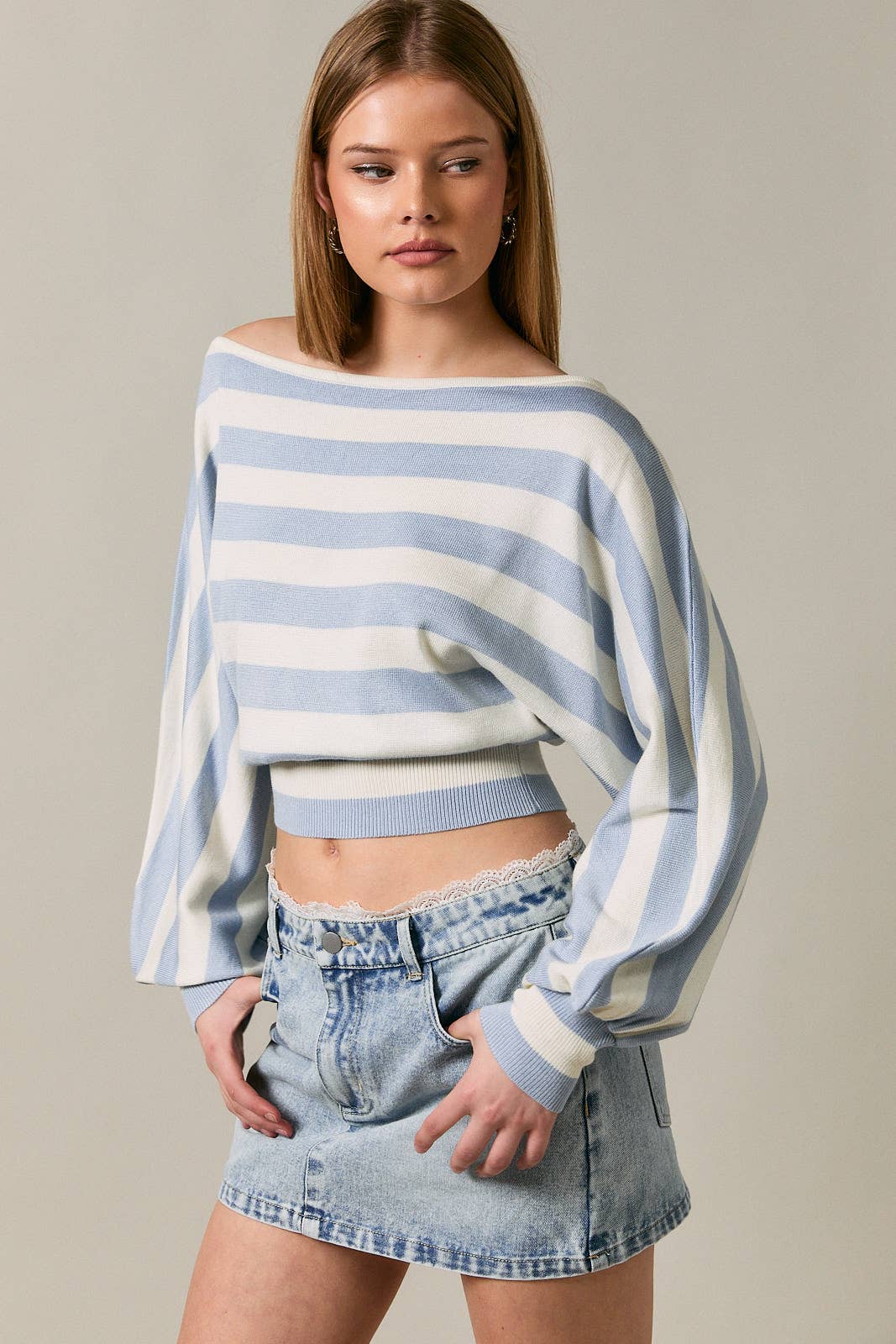 Le Lis Blue/White Boat Neck Dolman Sleeve Sweater (SWT3535-2)