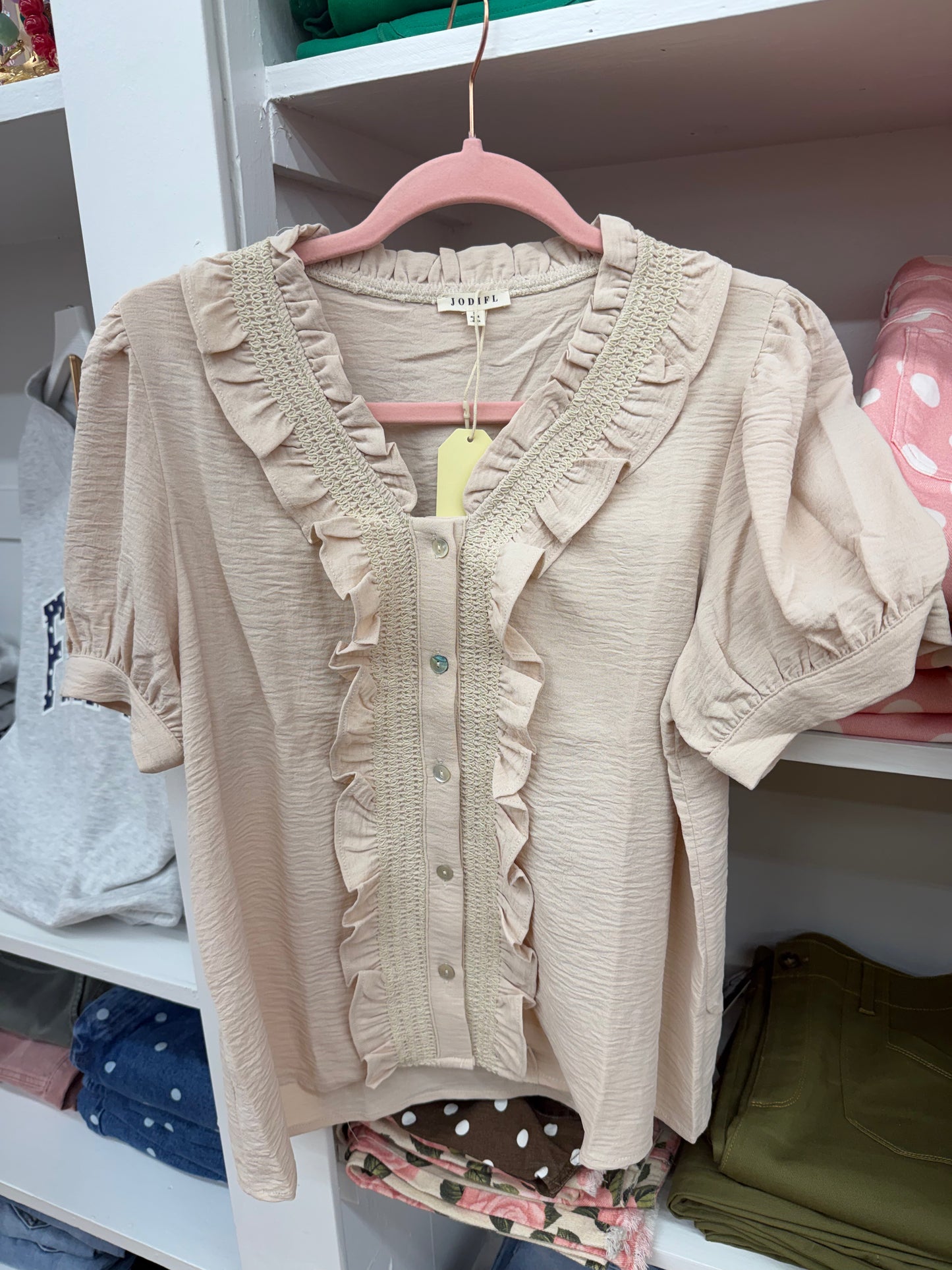 Jodifl Khaki Ruffled Button Up Sleeve Top