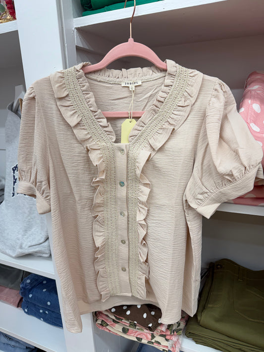Jodifl Khaki Ruffled Button Up Sleeve Top