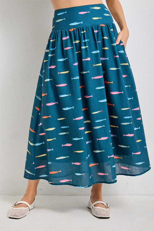 FISH PRINT SMOCKED BACK WAIST MIDI SKIRT TEAL