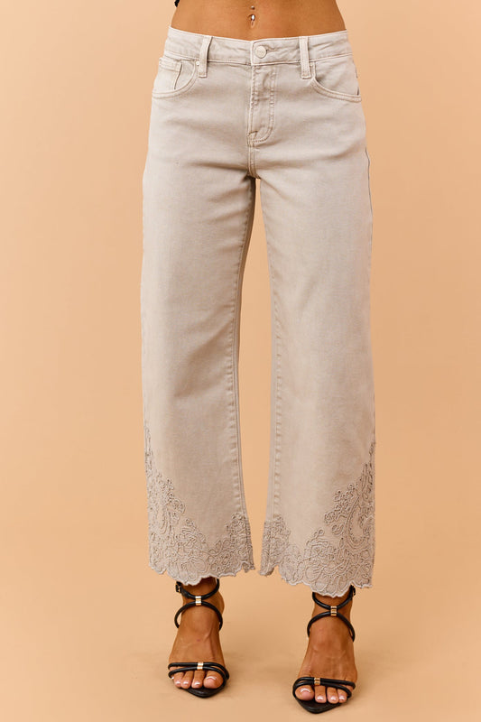 Risen Almond High Rise Embroidered Hem Crop Barrel Jeans (PGC21951)