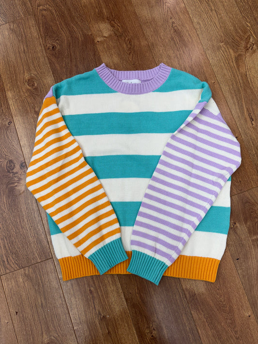 In February Aqua/Orange Striped Cotton Sweater