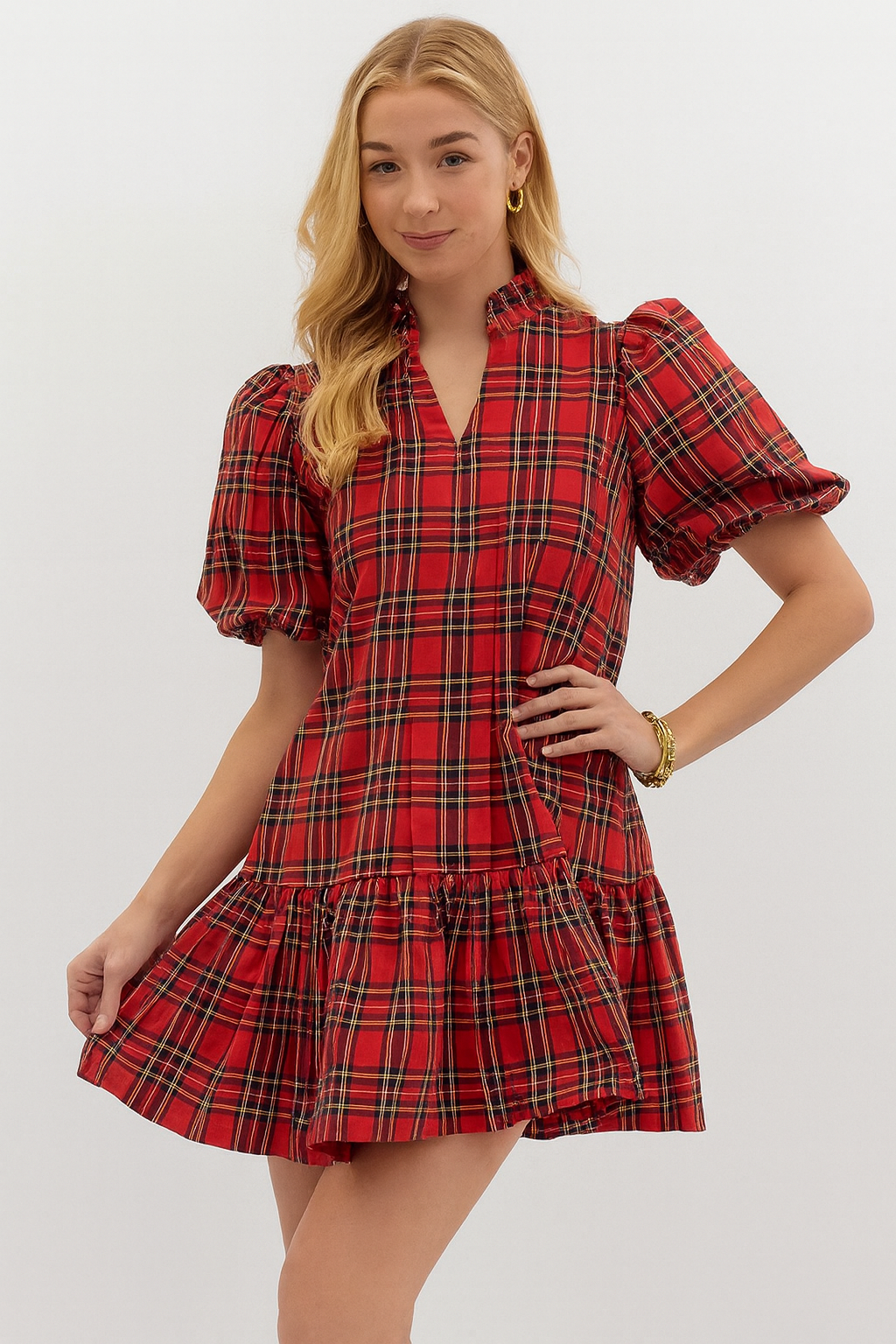 Puff Sleeve Christmas Plaid Dress