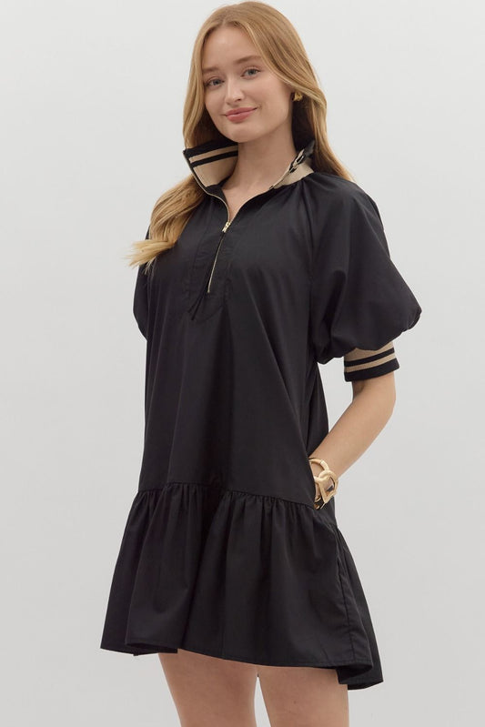 Entro Black Drop Waist Dress With Puff Sleeve Black