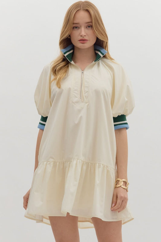 Entro Drop Waist Dress With Puff Sleeve Cream