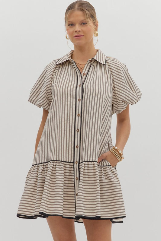 Entro Puff Sleeve Stripe Dress - Black