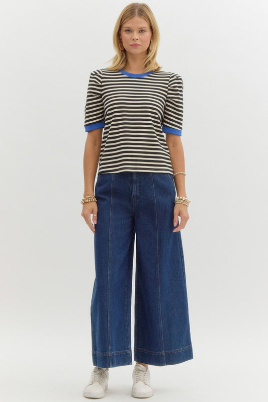 Entro Black and White Stripe Shirt with Royal Blue Trim